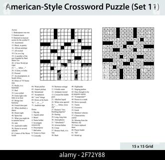 Crossword in stile americano con una griglia 15 x 15. Include griglia di crossword vuota, indizi e soluzione. Illustrazione Vettoriale