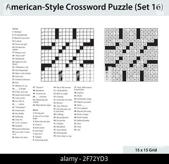 Crossword in stile americano con una griglia 15 x 15. Include griglia di crossword vuota, indizi e soluzione. Illustrazione Vettoriale