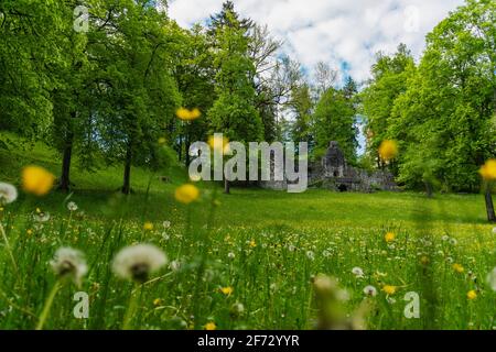 Baumgarten, un grande parco vicino Hohes Schloss a Fuessen, rovine di castello distrutto. 26 maggio 2019 Fuessen, Germania - Hohes Schloss Foto Stock