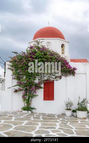 Chiesa ortodossa greca bianca di San Nicola con tetto rosso e bougainvillea, Chora, Mykonos, Mykonos, Cicladi, Mar Egeo, Grecia Foto Stock Chiesa ortodossa greca bianca di San Nicola con tetto rosso e bougainvillea, Chora, Mykonos, Mykonos, Cicladi, Mar Egeo, Grecia Foto Stock