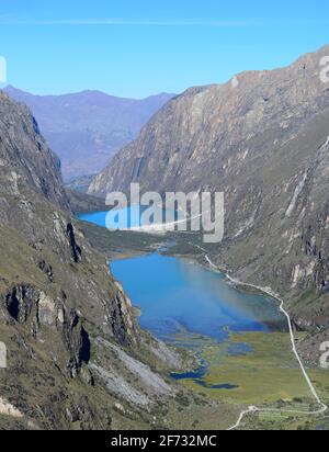 Vista sulla valle dei laghi Lagunas de Llanganuco, Cordillera Blanca, Provincia di Yungay, Perù Foto Stock