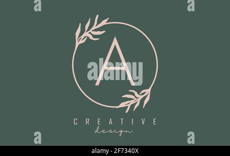 Letter A Logo con cornice circolare e foglie pastello. Illustrazione vettoriale arrotondata con lettera A e foglia pastello per bellezza, moda, gioielli, luxu Illustrazione Vettoriale