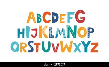 Carino alfabeto infantile disegnato a mano. ABC disegnata a mano per poster, logo, biglietto d'auguri, banner, arredamento camera per bambini. Set di lettere disegnate a mano, vettore Illustrazione Vettoriale