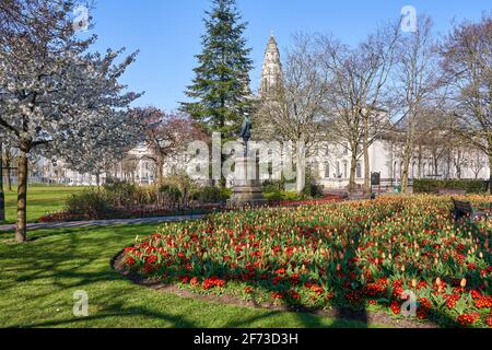 Giardini Gorsedd in primavera, Cathays, Cardiff, Galles del Sud Foto Stock