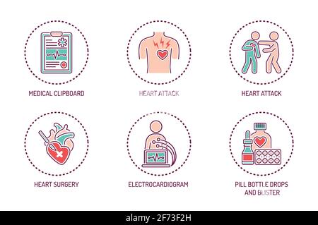 Set di icone delle linee a colori per cardiologia. Elemento vettoriale isolato. Illustrazione Vettoriale