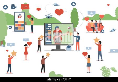 La gente che guarda vlog sul Internet, come e abbonarsi a blogger vettore flat illustrazione. Uomo con zaino trekking registrare video blog e postarlo su Internet. Concetto di social media. Illustrazione Vettoriale