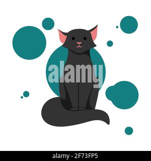 Cartoon gatto nero seduta disegno. Cucciolo piatto e semplice, illustrazione vettoriale. Illustrazione Vettoriale