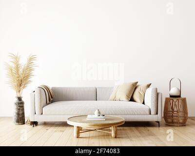 Design moderno degli interni del soggiorno in colori naturali con decorazione a piante secche e bianco vuoto mock up parete sfondo 3D Render, illustrazione 3D Foto Stock