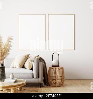 Design moderno degli interni del soggiorno in colori naturali con piante a secco decorazione e bianco vuoto mock up cornice 3D Render, illustrazione 3D Foto Stock