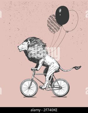 Leone cool con T-shirt spellata in bicicletta con Balloons Vector Illustration. Bici da bici vintage mascotte carino leone isolata su bianco. Felice Illustrazione Vettoriale