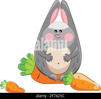 Lepre felice grasso con tre carote. Vettore. Pasqua. Giorno del ringraziamento Illustrazione Vettoriale