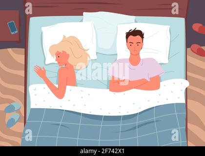 Coppia di persone a letto, famiglia uomo donna sdraiato, moglie arrabbiata e marito allusione Illustrazione Vettoriale