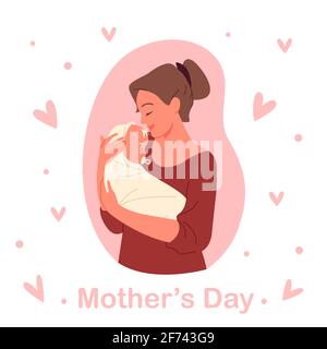 Concetto del giorno delle madri, mamma felice giovane che tiene il bambino infante nelle mani con amore e hugging Illustrazione Vettoriale