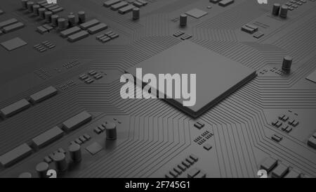 Chip grigio scuro sulla scheda a circuito stampato. Scheda madre per computer con CPU. Background tecnologico. illustrazione 3d. Foto Stock