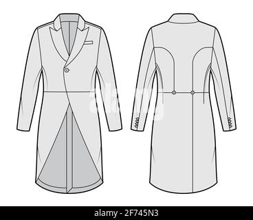 Giacca di mattina illustrazione tecnica di moda con maniche lunghe, colletto in lapel a punta, frontale tagliato, tasca a bordo. Modello piatto, retro, grigio. Donne, uomini, unisex top CAD mockup Illustrazione Vettoriale