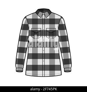 Giacca in legno illustrazione tecnica della moda con motivo Buffalo Check, corpo oversize, tasche con pattina, chiusura a bottone, maniche lunghe. Parte anteriore dell'abbigliamento piatto, colore grigio. Donne, uomini unisex CAD mockup Illustrazione Vettoriale