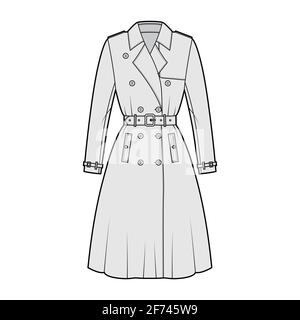 Completo trench coat illustrazione tecnica di moda con cintura, doppio tostato, maniche lunghe, napoleone largo colletto in lapel. Mascherina anteriore piatta, colore grigio. Donne, uomini, unisex top CAD mockup Illustrazione Vettoriale