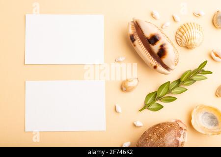 Composizione di biglietti da visita di carta bianca, conchiglie, bosso verde. Mockup su sfondo arancione. Vuoto, vista dall'alto, fermo immagine, disposizione piatta, spazio di copia. t Foto Stock