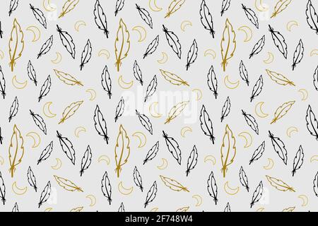 Nero e oro profilo piuma e luna modello Illustrazione Vettoriale