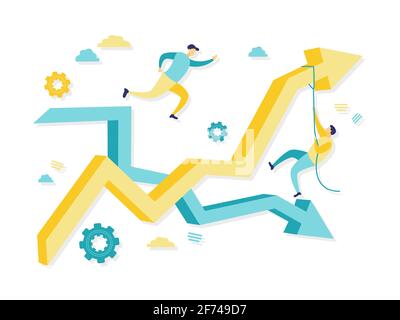 Illustrazione piatta concetto aziendale di crisi e ripresa con grafico a freccia. Concetti di business e finanza. Illustrazione Vettoriale