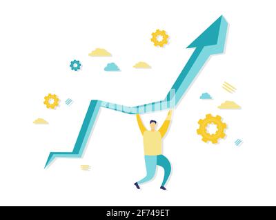 Illustrazione piatta imprenditore che sostiene la crescita in economia sul grafico. Concetto di business e finanza. Illustrazione Vettoriale