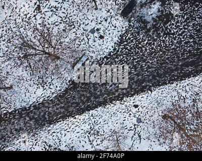 Vista aerea dei passi nella neve. Foto Stock