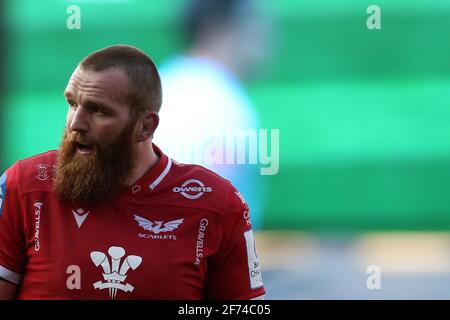 Llanelli, Regno Unito. 04th Apr 2021. Jake Ball of Scarlets guarda sopra. European Rugby Champions Cup, round of 16 match, Scarlets v sale Sharks allo stadio Parc y Scarlets di Llanelli, Galles del Sud domenica 4 aprile 2021. pic di Andrew Orchard/Andrew Orchard sports photography/Alamy Live news Credit: Andrew Orchard sports photography/Alamy Live News Foto Stock