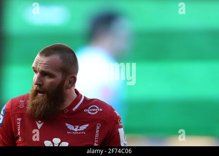 Llanelli, Regno Unito. 04th Apr 2021. Jake Ball of Scarlets guarda sopra. European Rugby Champions Cup, round of 16 match, Scarlets v sale Sharks allo stadio Parc y Scarlets di Llanelli, Galles del Sud domenica 4 aprile 2021. pic di Andrew Orchard/Andrew Orchard sports photography/Alamy Live news Credit: Andrew Orchard sports photography/Alamy Live News Foto Stock