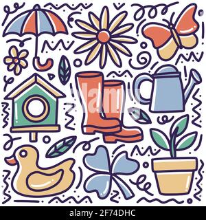 doodle set di tempo di primavera tirato a mano Illustrazione Vettoriale