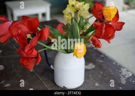 bouquet di tulipani e narcisi rossi e gialli in un antico caraffa di metallo, seduto su un vecchio tavolo marrone Foto Stock