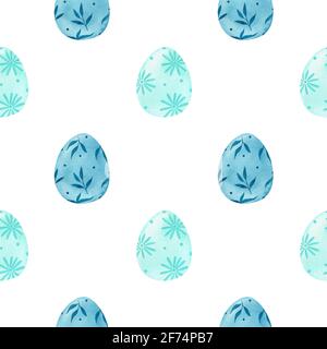 Motivo senza cuciture acquerello con uova dipinte di Pasqua in colori blu. Elementi festosi con ornamenti floreali. Perfetto per avvolgere carta e tessuto Foto Stock