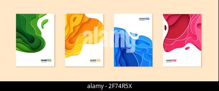 Set di quattro volantini in stile carta tagliata. Modello blu, verde, giallo e rosa per poster, brochure, presentazioni, inviti, stile aziendale con Illustrazione Vettoriale