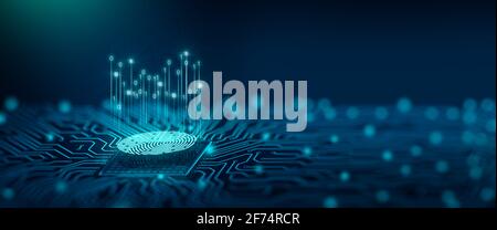 Tecnologia di sicurezza del futuro. La scansione delle impronte digitali fornisce un accesso di sicurezza in DOF. Concetto di protezione delle impronte digitali. Rendering 3D. Foto Stock