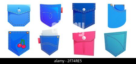 Tasche a toppa per maglietta e pantaloni in denim. Cartoni animati vettoriali elementi decorativi di abiti, tasche jeans blu e rosa con cuciture, bottoni, lembi e ricami isolati su sfondo bianco Illustrazione Vettoriale
