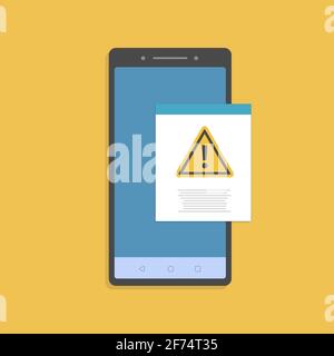 Documento con messaggio di avviso o notifica di errore su telefono cellulare o cellulare, contenuto di file di testo cartaceo piatto con messaggio esclamativo Illustrazione Vettoriale