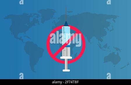 Interrompere la vaccinazione. Dire no ai vaccini. Siringa nel cerchio di divieto. Coronavirus Illustrazione Vettoriale