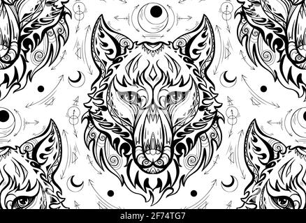 Motivo senza cuciture con testa lupo a profilo e simboli sacri. Predator ritratto davanti con motivo boho. Tessuto tribale monocromatico per tessuti e wa Illustrazione Vettoriale
