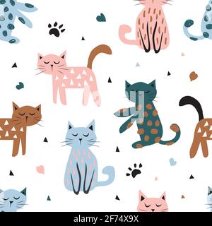 Modello infantile senza cuciture con gatto carino. Texture creativa per tessuti, tessuti Illustrazione Vettoriale