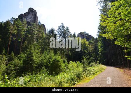 Roccia di arenaria nella Riserva Naturale di Hruboskalsko, Paradiso Boemo (Cesky Raj), Czechia. Paesaggio estivo in giornata di sole. Foto Stock