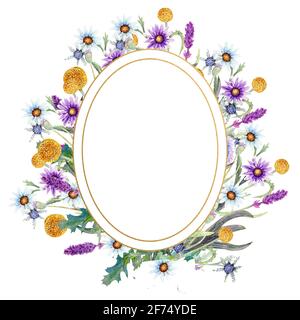 Romantica cornice ovale. Fiori selvatici in acquerello. Concetto di matrimonio con fiori. Poster floreale, invito. Disposizione ad acquerello per biglietti d'auguri o. Foto Stock