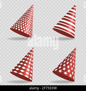 Set di cappelli Red party con design diverso. Simbolo della vacanza. Illustrazione vettoriale su sfondo trasparente Illustrazione Vettoriale