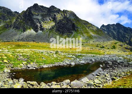 Paesaggio nei Carpazi occidentali. Piccolo lago nella valle di Mengusovska, montagne di Tatra, Slovacchia. Foto Stock