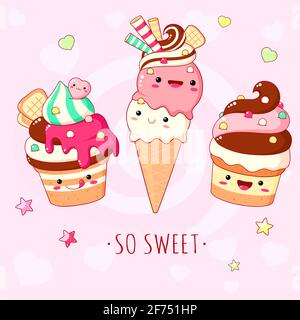 Sfondo divertente con deliziosi cibi dolci - gelato, torta e cupcake. Dessert in stile kawaii con viso sorridente e guance rosa. Iscrizione così dolce Illustrazione Vettoriale