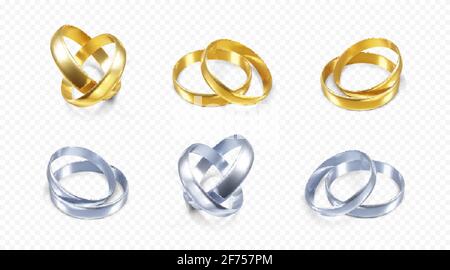 Set di anelli di nozze d'argento e d'oro. Rendering realistico di anelli in platino e oro. Vettore Illustrazione Vettoriale