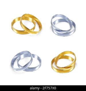 Set di anelli di nozze d'argento e d'oro. Rendering realistico di anelli in platino e oro. Illustrazione vettoriale isolata su sfondo bianco Illustrazione Vettoriale