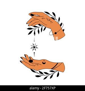 Collezione mani disegnate a mano, simboli astrologici magici illustrazioni vettoriali, può utilizzare il disegno del tatuaggio, simbolo mistico esoterico. Illustrazione Vettoriale