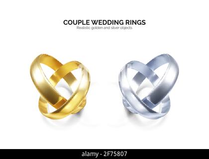 Coppia di anelli di nozze in argento o platino. oggetto di gioielli dorati 3d. Illustrazione vettoriale isolata su sfondo trasparente Illustrazione Vettoriale