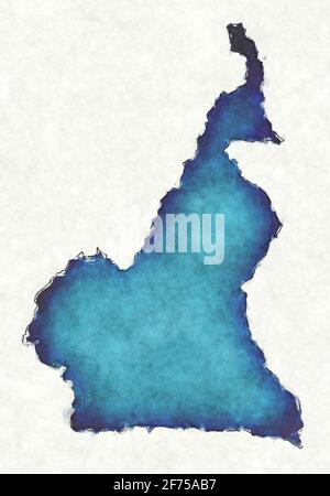 Mappa del Camerun con linee tracciate e illustrazione blu dell'acquerello Foto Stock