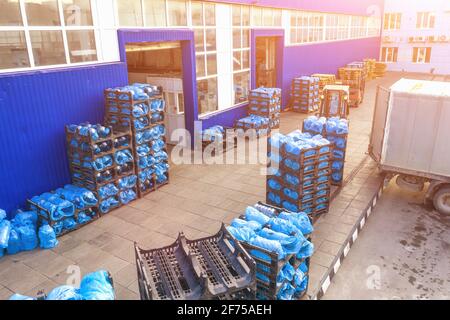 Magazzino con cancelli aperti e merci in pallet pronti per il carico e il trasporto logistico dal territorio della fabbrica immobiliare. Foto Stock