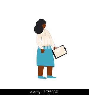 Donna afroamericana. Carattere femminile che indossa abiti formali in piedi isolati su uno sfondo bianco. Illustrazione della linea di colore vettoriale. Illustrazione Vettoriale